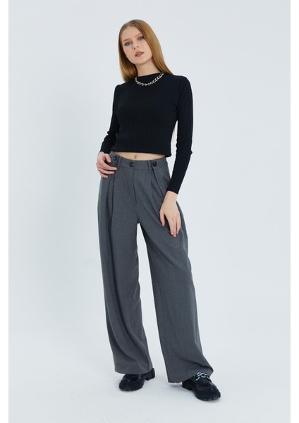 Düğme Pileli Palazzo Pantolon Grı modelleri