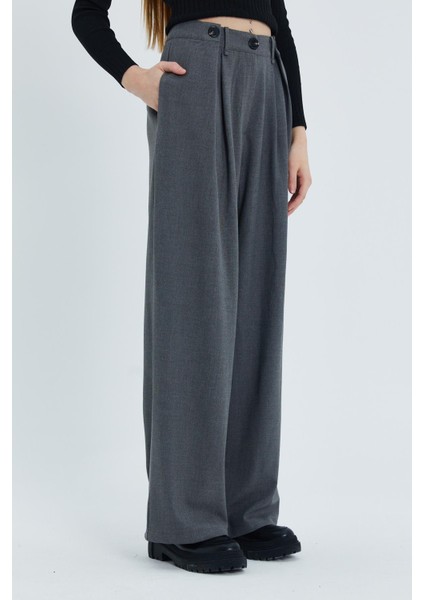 Düğme Pileli Palazzo Pantolon Grı fırsatları