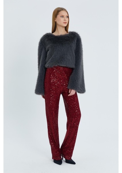 Pul Payetli Pantolon Bordo