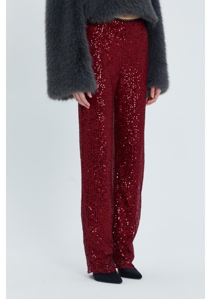 Pul Payetli Pantolon Bordo modelleri