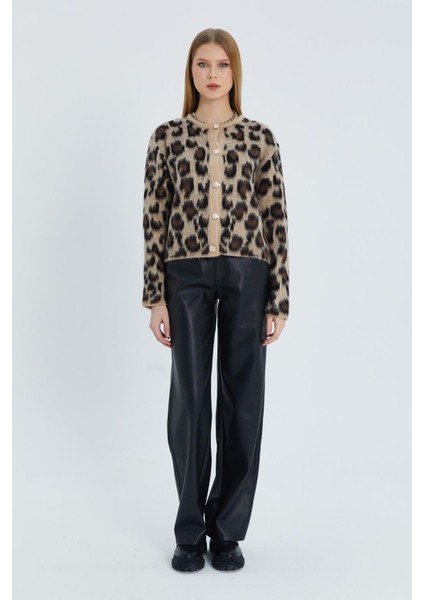 Leopar Desenli Peluş Hırka Kahve