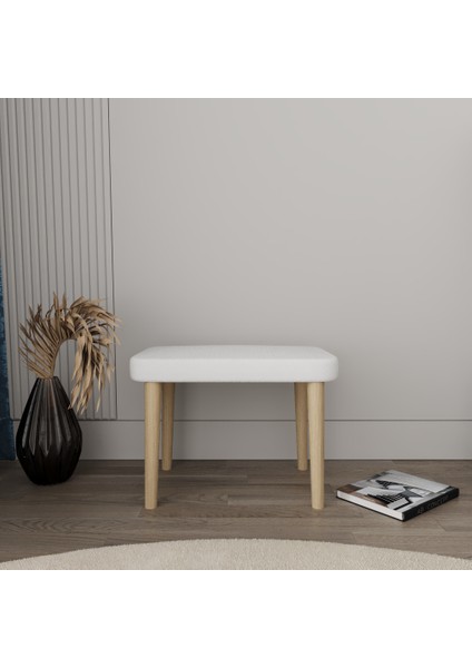 Ahşap Ayak Dekoratif Beyaz Peluş Puf Bench, Makyaj Masası Pufu