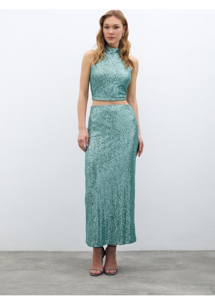 Fermuarlı Karolin Midi Etek - Mint