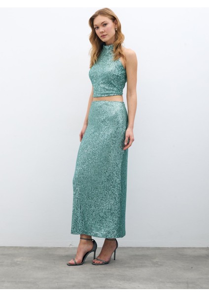 Fermuarlı Karolin Midi Etek - Mint modelleri