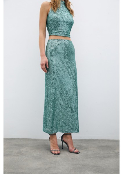 Fermuarlı Karolin Midi Etek - Mint indirimleri
