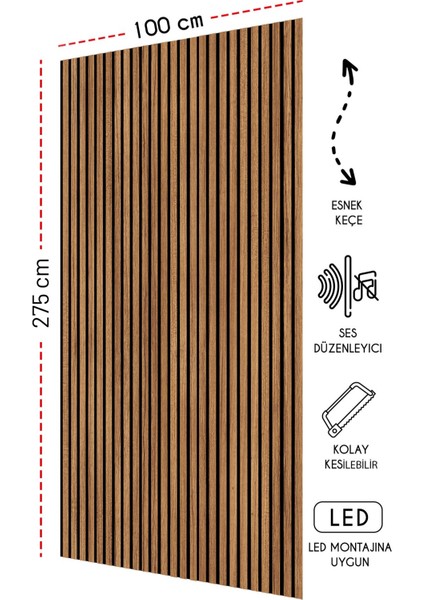 Mdf Ahşap Akustik Duvar Kaplama Lambri Paneli - 100 x 275 cm - Teak