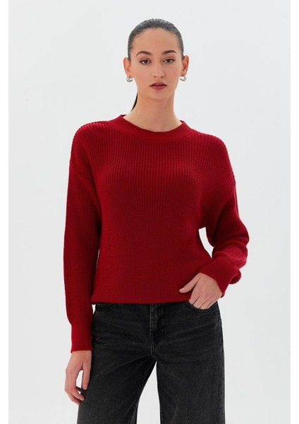 Bisiklet Yaka Triko Kazak Vişne fırsatları