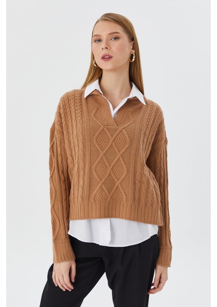 Gömlek Yaka Triko Kazak Camel