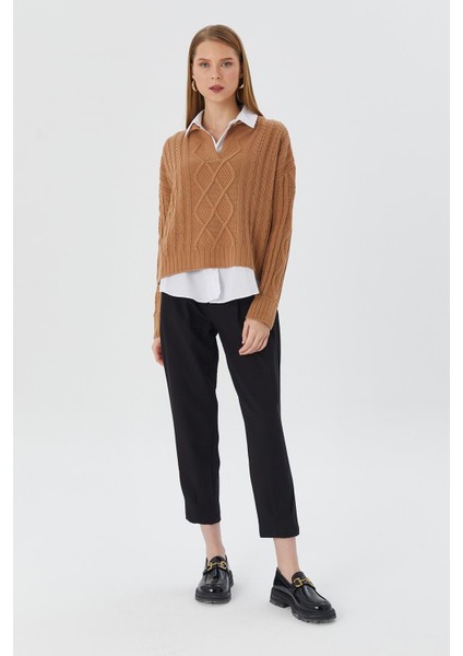 Gömlek Yaka Triko Kazak Camel modelleri