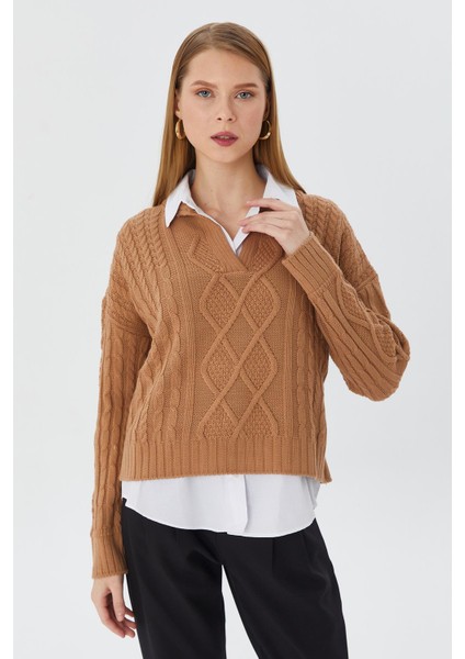 Gömlek Yaka Triko Kazak Camel fırsatları