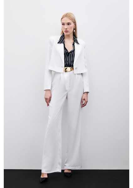 Pileli Krep Pantolon - Ekru