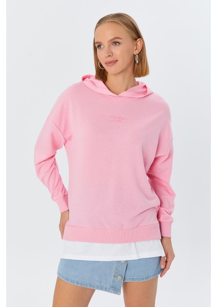 Kapüşonlu Kendinden Içlikli Sweatshirt Pembe