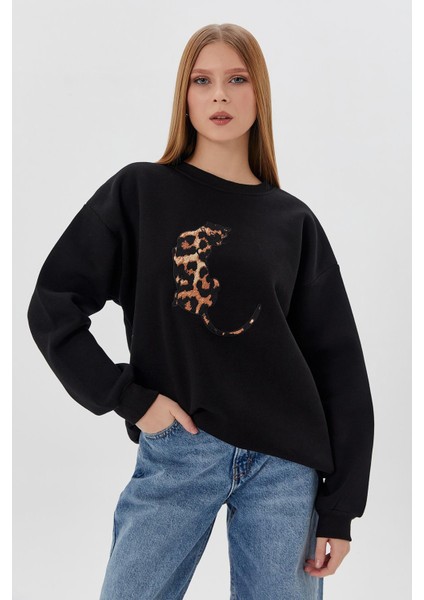 Leopar Kabartmalı Sweatsirt Sıyah