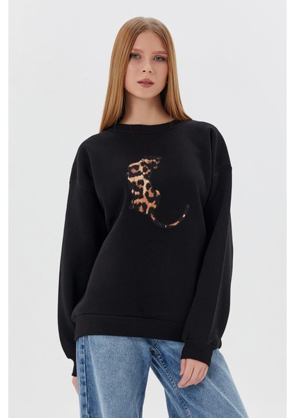 Leopar Kabartmalı Sweatsirt Sıyah modelleri