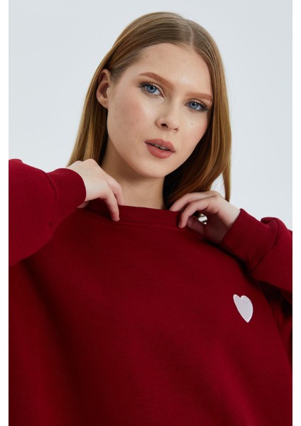 Kalp Nakışlı Sweatshirt Bordo