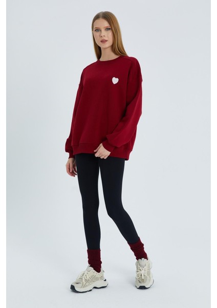 Kalp Nakışlı Sweatshirt Bordo fırsatları