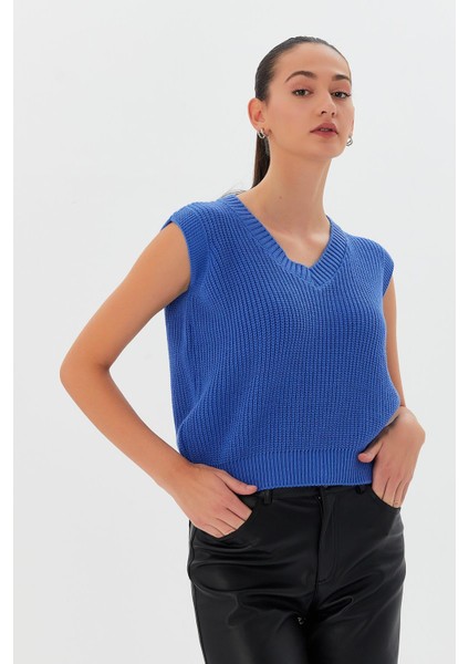 V Yaka Triko Süveter Mavı