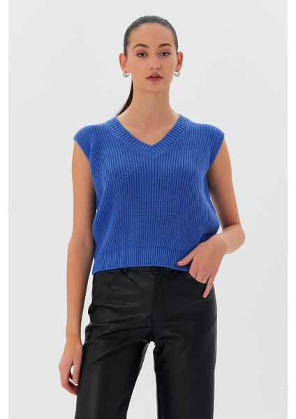 V Yaka Triko Süveter Mavı fırsatları