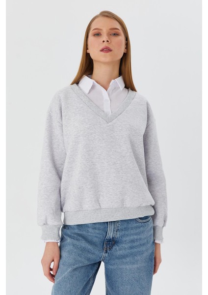 Gömlek Yaka Sweatshirt Grı