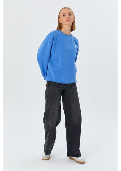 Yazı Detaylı Şardonlu Sweatshirt Indıgo