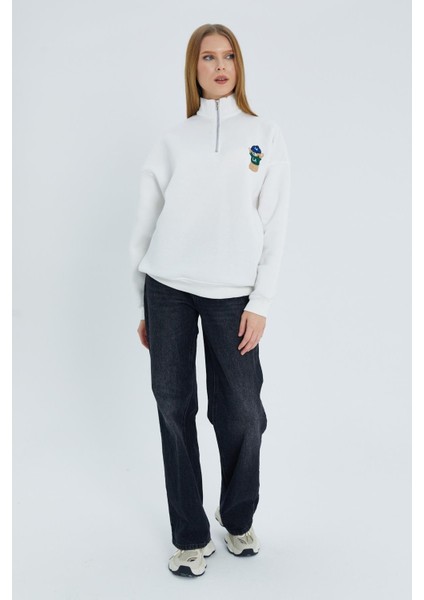 Yakası Fermuarlı Sweatshirt Ekru