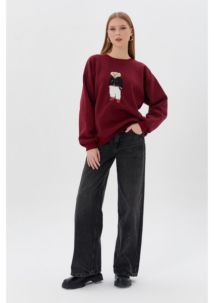 Teddy Baskılı Sweatshirt Bordo