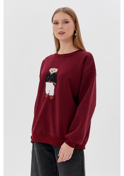 Teddy Baskılı Sweatshirt Bordo modelleri