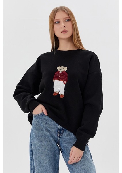 Teddy Baskılı Sweatshirt Sıyah