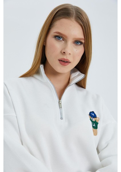 Yakası Fermuarlı Sweatshirt Ekru