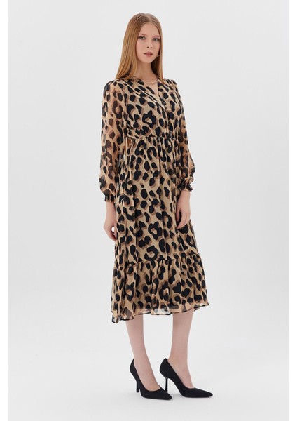 Desenli Tül Elbise Leopar