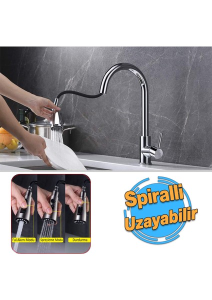 Spiralli Evye Batarya Krom Lavabo Banyo Mutfak Musluğu Musluk Mermer Tezgah Üstü Çift Su Giriş Evye