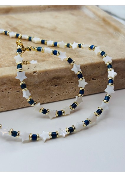 Yıldız Sedef ve Lapis Lazuli Doğaltaş Kolye Bileklik Seti
