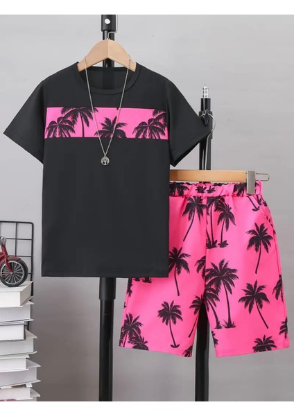 Özel Tasarım Palmiye Şerit Baskılı Pamuk Yeni Trend Erkek Çocuk T-Shırt Şort Takımı