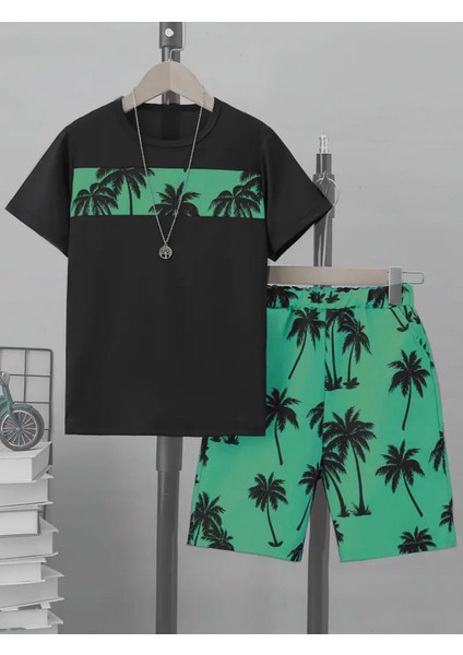Punıx Kıds Özel Üretim Palmiye Şerit Baskılı Yeni Stil Erkek Çocuk T-Shırt Şort Takım