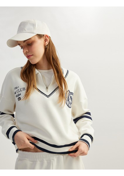 Nakış Detaylı Çizgili Oversize Yarım Fermuarlı Sweatshirt