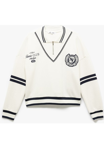 Nakış Detaylı Çizgili Oversize Yarım Fermuarlı Sweatshirt