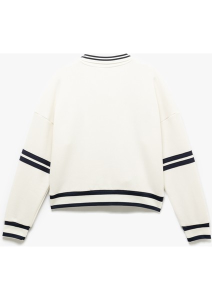 Nakış Detaylı Çizgili Oversize Yarım Fermuarlı Sweatshirt