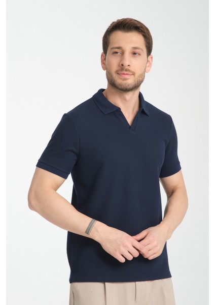 Venedik Erkek Açık Bej Esnek Waffle Comfort Fit Pamuk Kıvrılmaz Polo Yaka Tişört