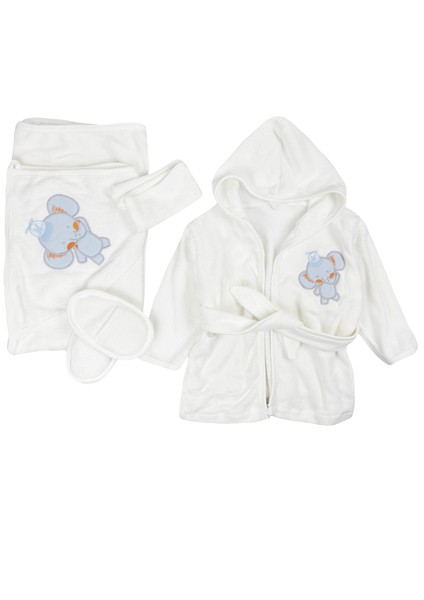 Fil Nakışlı Erkek Bebek Bornoz Set 4lü Ekru