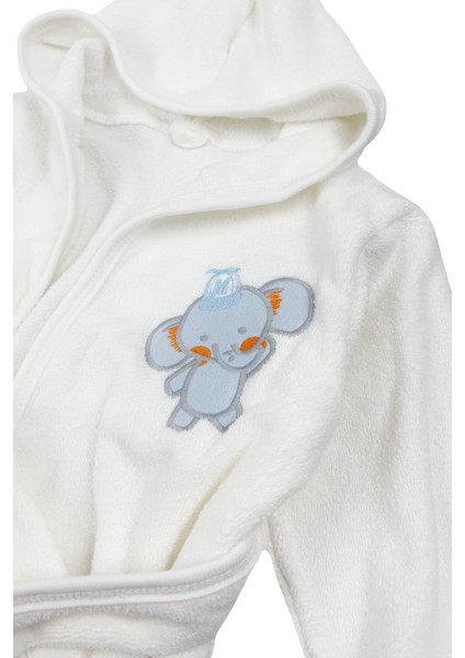 Fil Nakışlı Erkek Bebek Bornoz Set 4lü Ekru