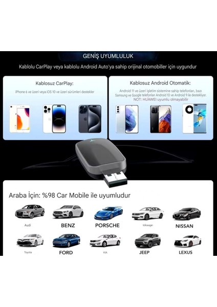 Carplay Bluetooth+Wifi Android +Apple İos Uyumlu Otomatik Tak ve Çalıştır Orijinal Carplay Minik Yeni Nesil Son Teknoloji modelleri