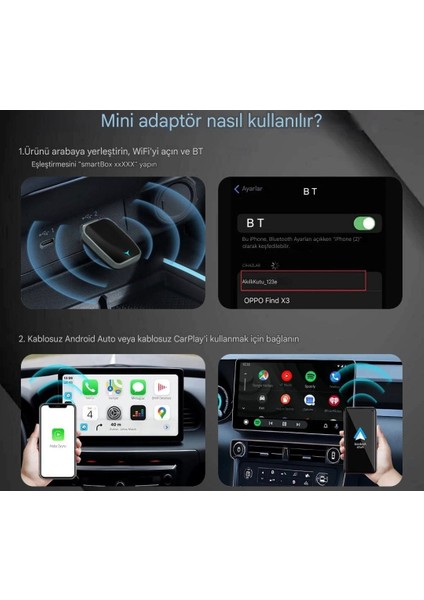 Carplay Bluetooth+Wifi Android +Apple İos Uyumlu Otomatik Tak ve Çalıştır Orijinal Carplay Minik Yeni Nesil Son Teknoloji