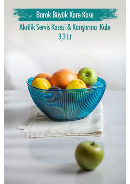 Akrilik Barok Aquamarin Büyük Kare Meyve & Salata Kasesi & Karıştırma Kabı / 3,3 Lt (Cam Değildir)