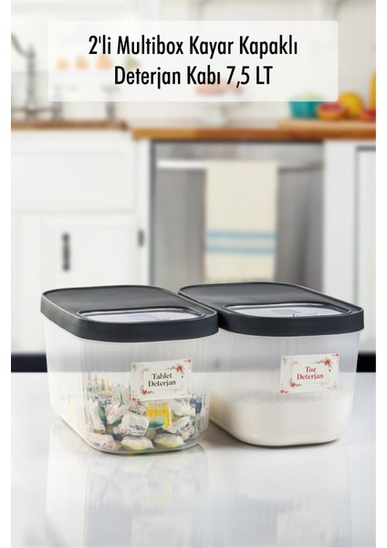 2'Li 7.5 Lt Multibox Kayar Kapaklı Saklama Kabı & Erzak Kabı & Toz Ve Tablet Deterjan Kutusu ( Etiket Hediyeli )