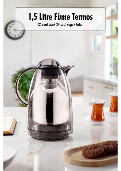 1.5 Lt Isı Yalıtımlı Çay Ve Soğuk Su Termosu Füme (12 Saat Sıcak Tutar& Içi Camdır)