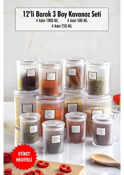 12'Li Barok Yuvarlak 3 Boy Kavanoz Seti & Saklama Kabı & Erzak Kabı (4*1000 Ml, 4*500 Ml,4*250 Ml)