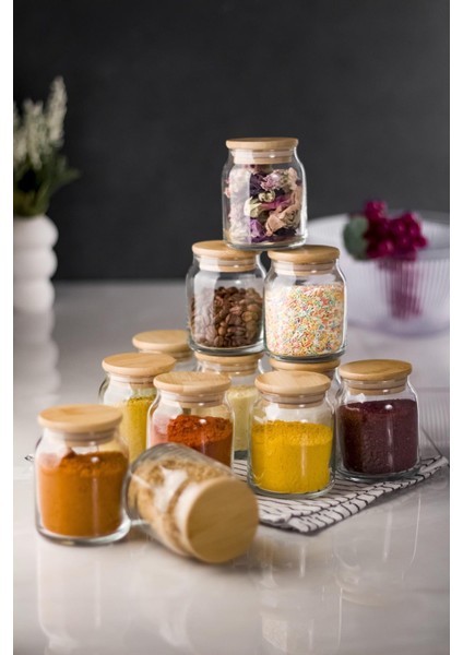12'Li Bambu Kapaklı Cam Kavanoz & Baharat Takımı & Baharatlık Seti 250 Ml (Vakum Kapak)