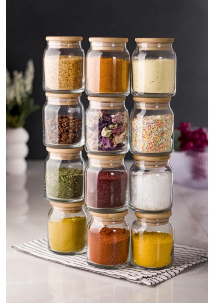 12'Li Bambu Kapaklı Cam Kavanoz & Baharat Takımı & Baharatlık Seti 250 Ml (Vakum Kapak)