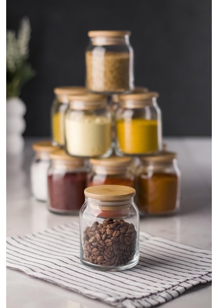12'Li Bambu Kapaklı Cam Kavanoz & Baharat Takımı & Baharatlık Seti 250 Ml (Vakum Kapak)