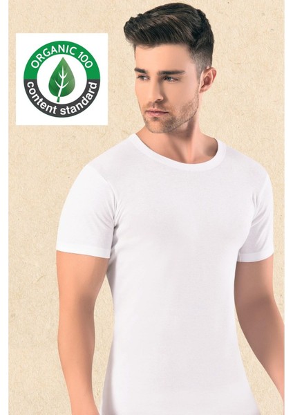 3 Adet, Organik Pamuk Ribana, Geniş Yaka Erkek T-Shirt & Fanila, Beyaz, Ocs Sertifikalı